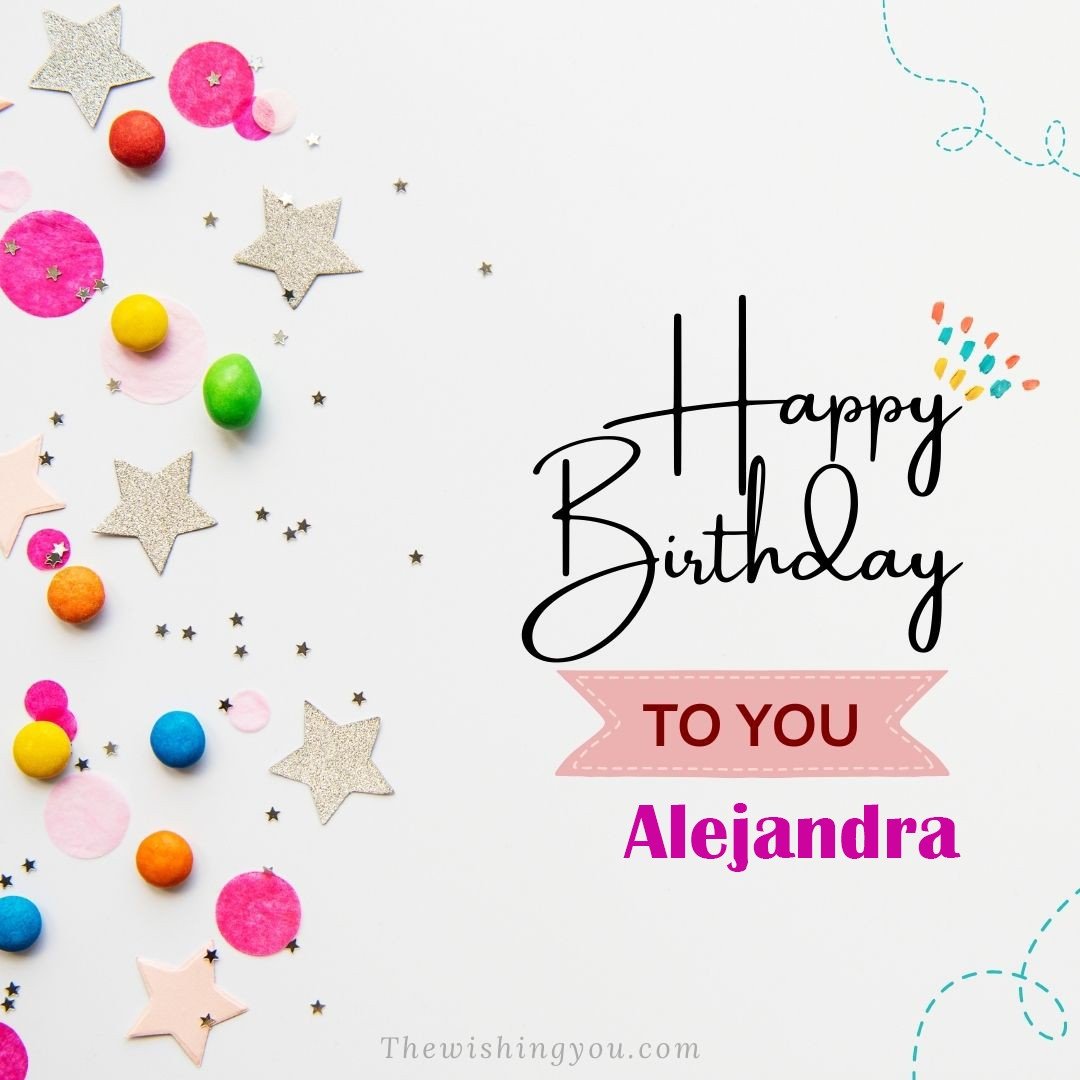 Happy birthday Alejandra written on image Star and ballonWhite background