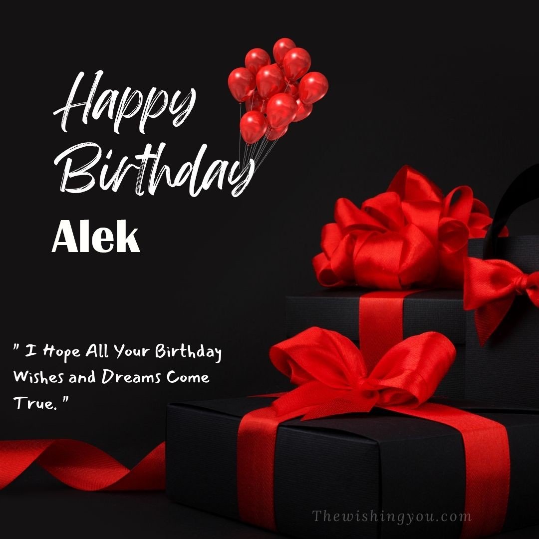 Happy birthday Alek written on image red ballons and gift box with red ribbon Dark Black background
