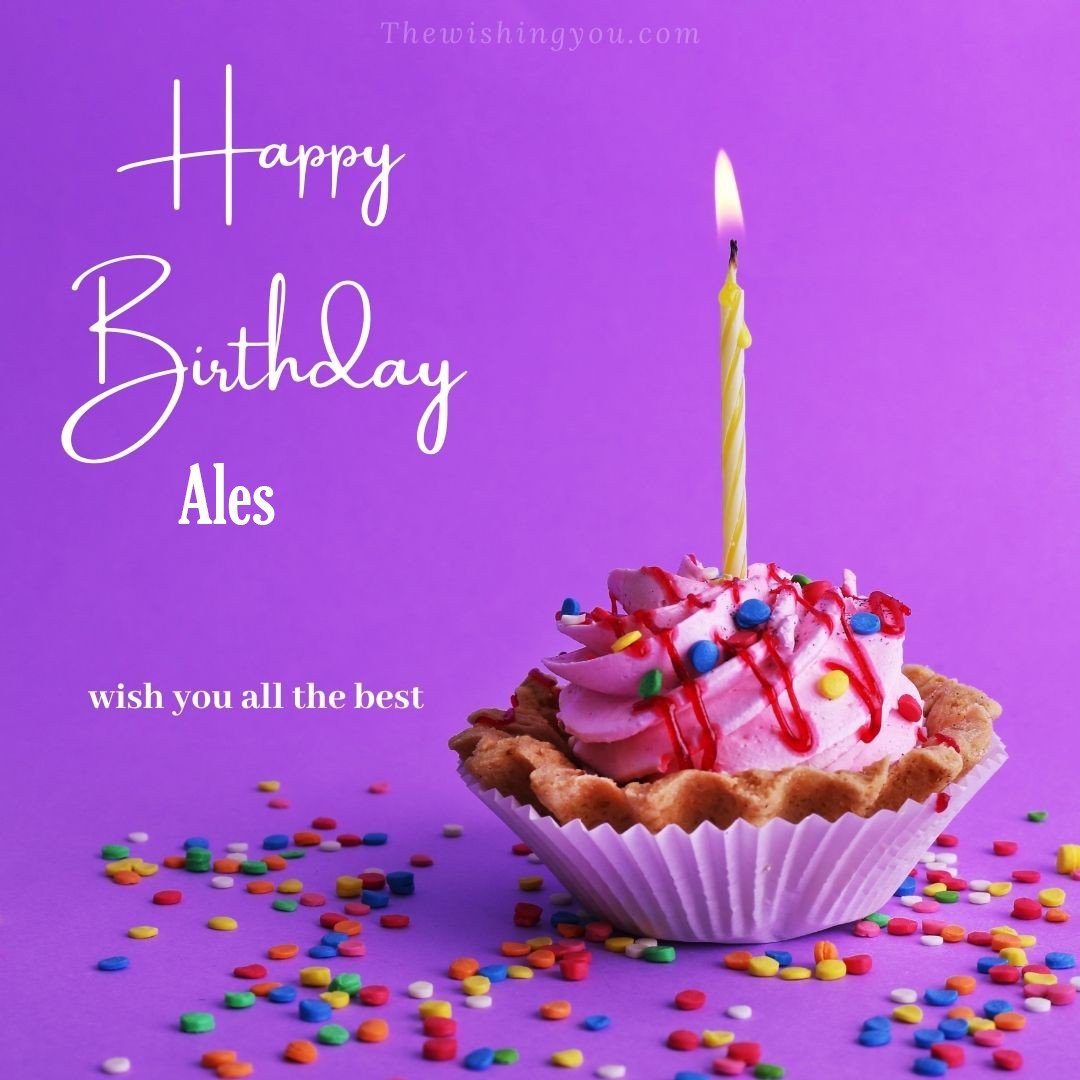 Happy birthday Ales written on image cup cake burning candle Purple background