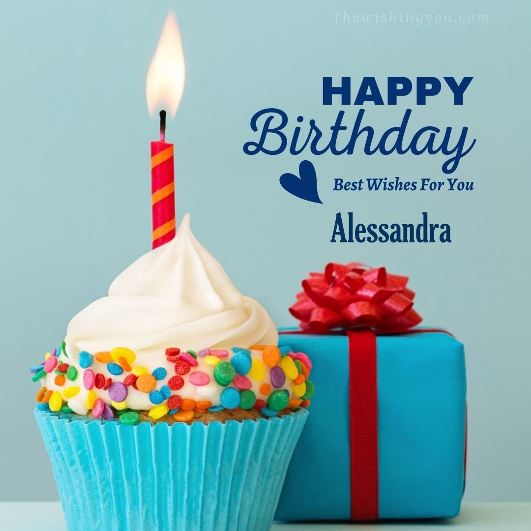 Happy birthday Alessandra written on image Blue Cup cake and burning candle blue Gift boxes with red ribon