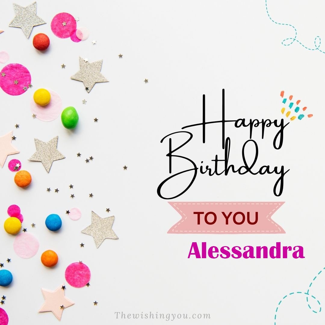 Happy birthday Alessandra written on image Star and ballonWhite background