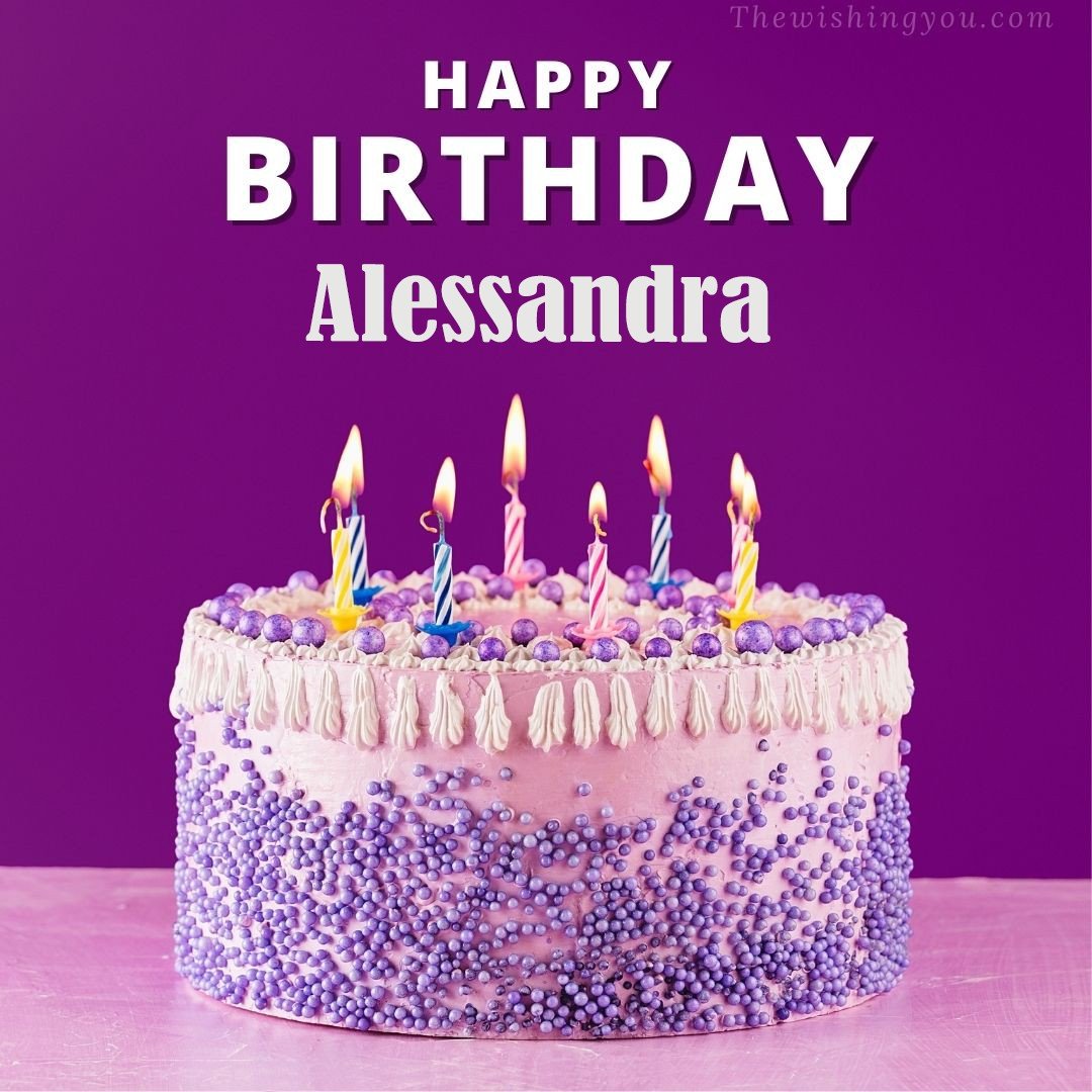 Happy birthday Alessandra written on image White and blue cake and burning candles Violet background