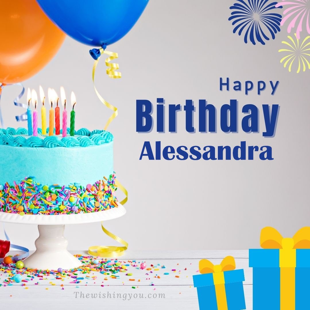 Happy birthday Alessandra written on image White cake keep on White stand and blue gift boxes with Yellow ribon with Sky background