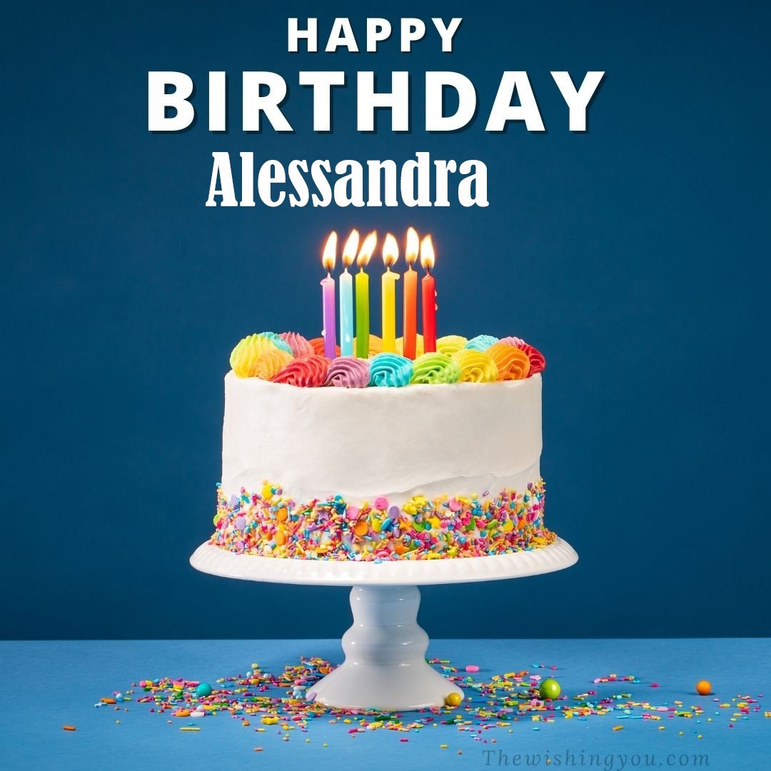 Happy birthday Alessandra written on image White cake keep on White stand and burning candles Sky background