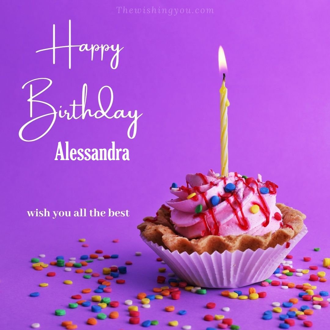 Happy birthday Alessandra written on image cup cake burning candle Purple background