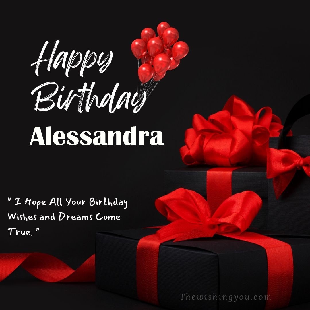 Happy birthday Alessandra written on image red ballons and gift box with red ribbon Dark Black background
