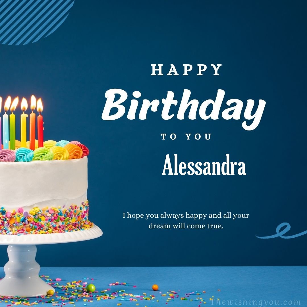 Happy birthday Alessandra written on image white cake and burning candle Blue Background