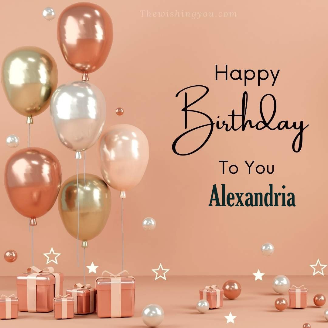 Happy birthday Alexandria written on image Light Yello and white and pink Balloons with many gift box Pink Background