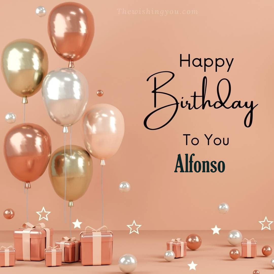 Happy birthday Alfonso written on image Light Yello and white and pink Balloons with many gift box Pink Background