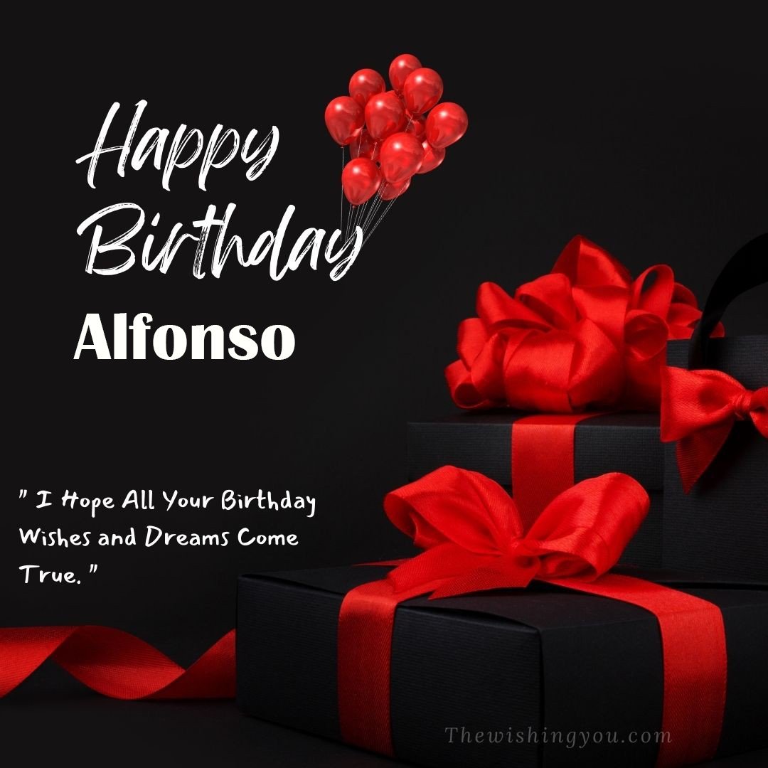 Happy birthday Alfonso written on image red ballons and gift box with red ribbon Dark Black background