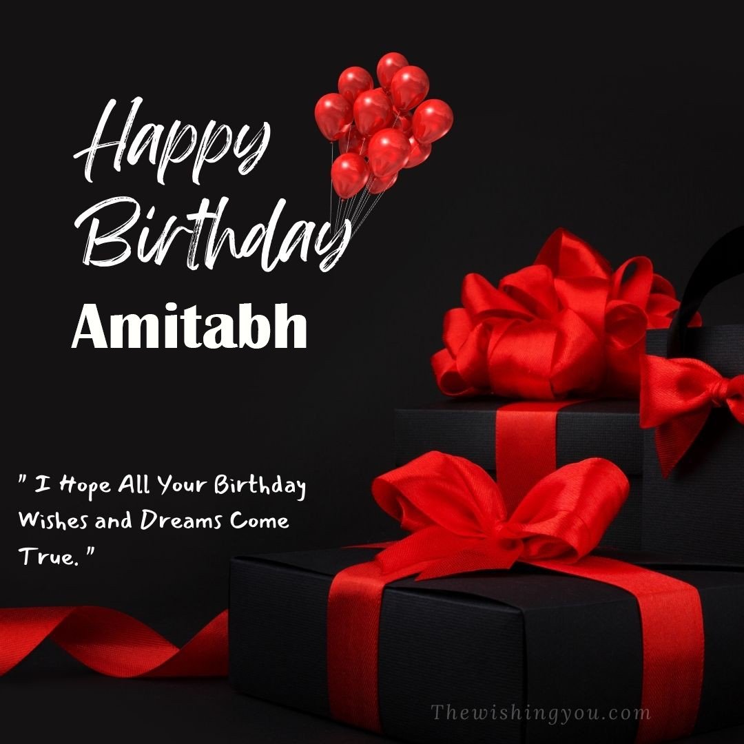 Happy birthday Amitabh written on image red ballons and gift box with red ribbon Dark Black background