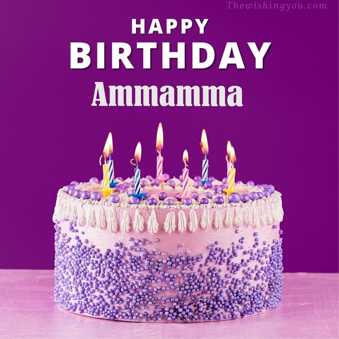 Happy birthday Ammamma written on image White and blue cake and burning candles Violet background