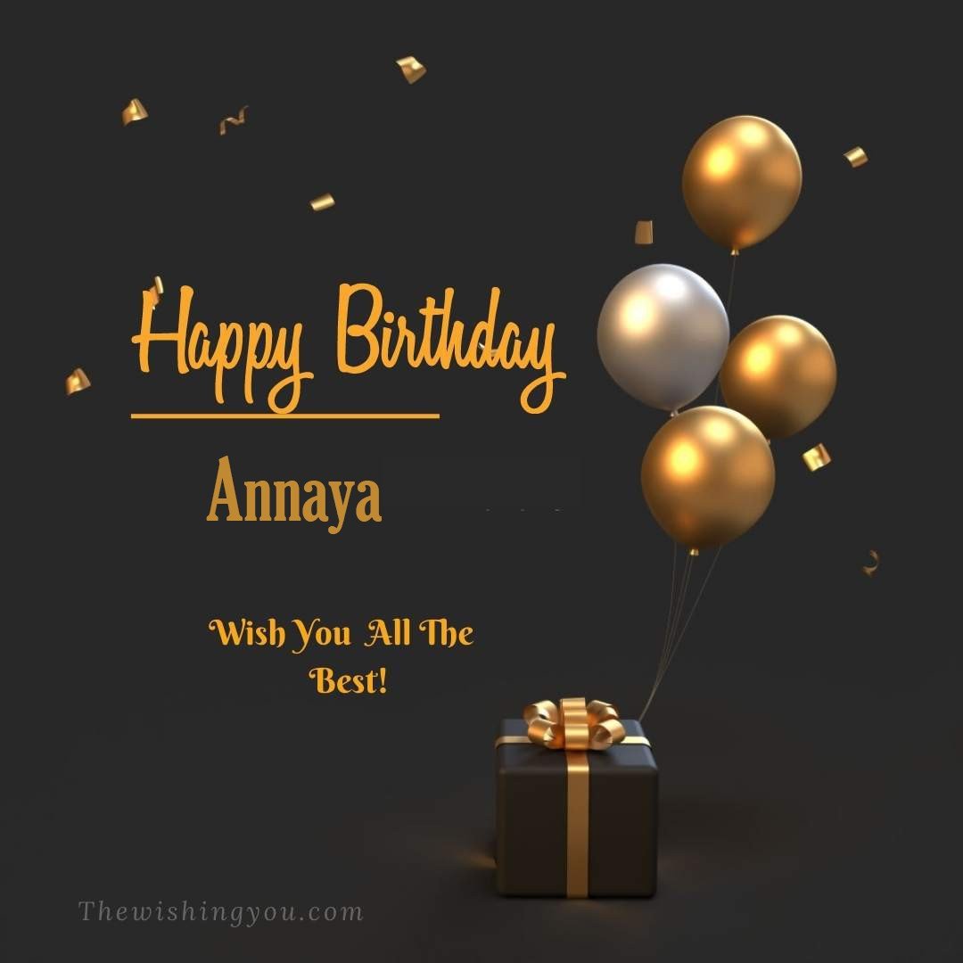 Happy birthday Annaya written on image Light Yello and white Balloons with gift box Dark Background
