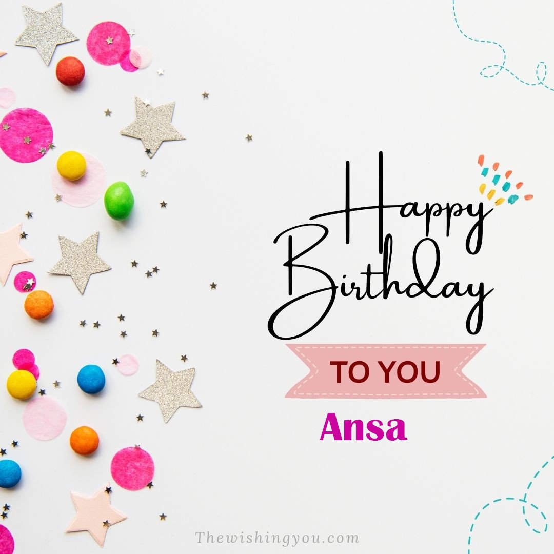 Happy birthday Ansa written on image Star and ballonWhite background