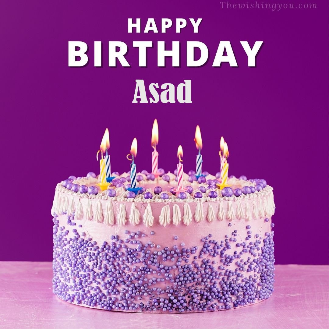 Happy birthday Asad written on image White and blue cake and burning candles Violet background