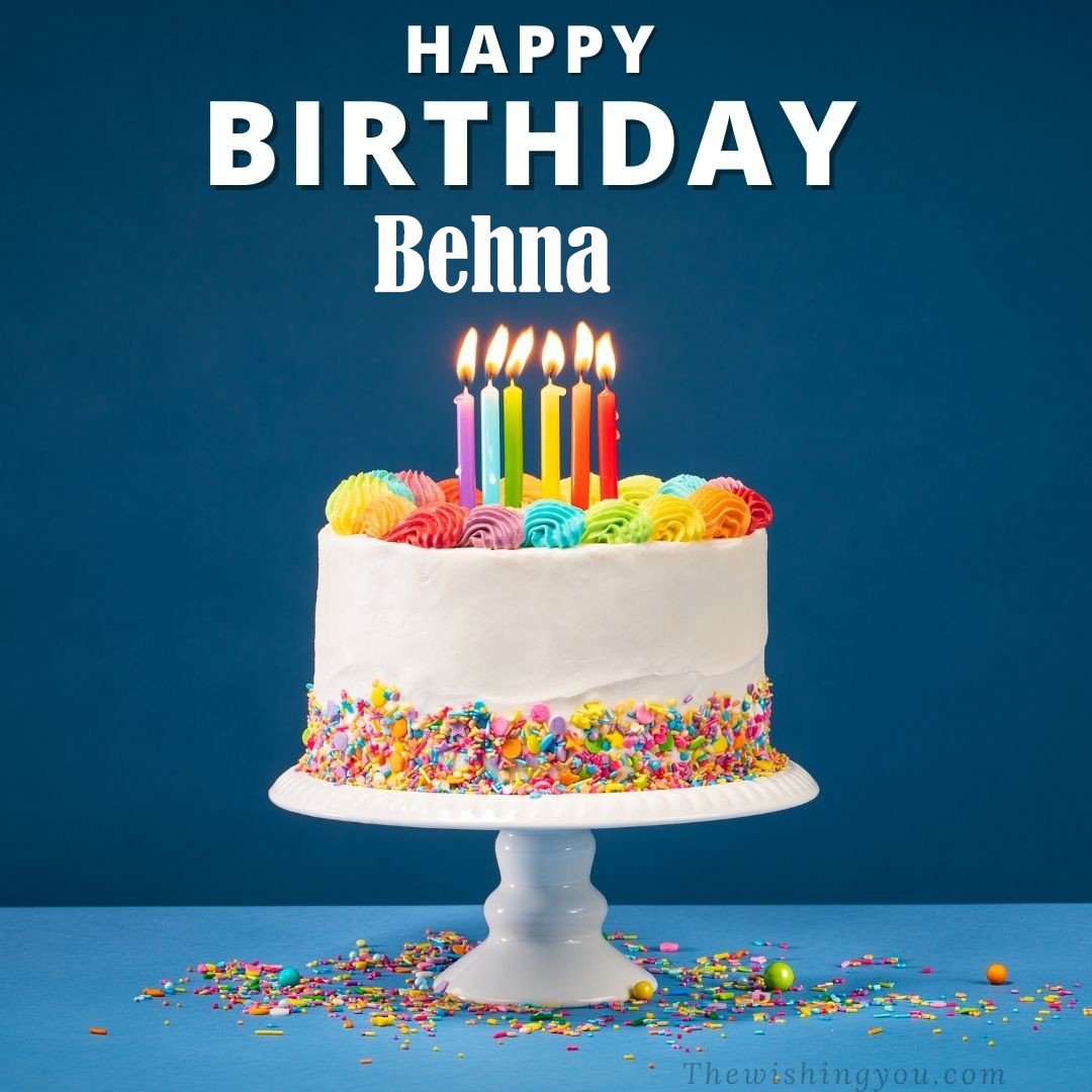 Happy birthday Behna written on image White cake keep on White stand and burning candles Sky background