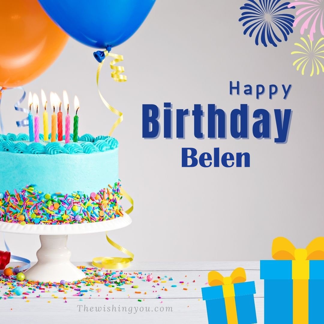 Happy birthday Belen written on image White cake keep on White stand and blue gift boxes with Yellow ribon with Sky background