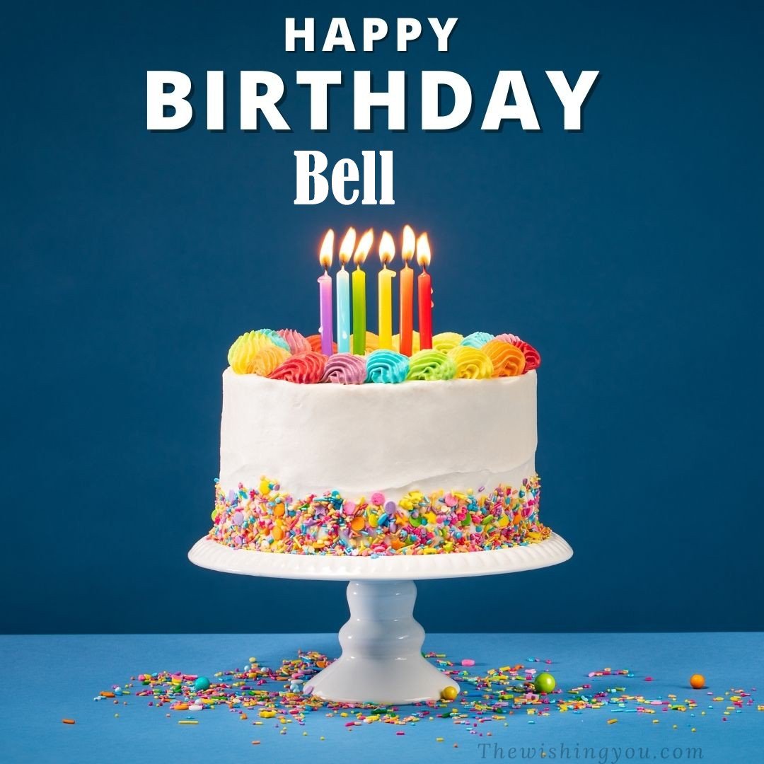 Happy birthday Bell written on image White cake keep on White stand and burning candles Sky background