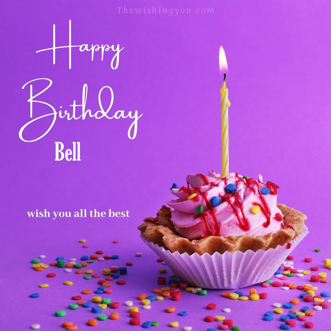 Happy birthday Bell written on image cup cake burning candle Purple background