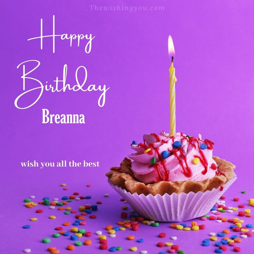 Happy birthday Breanna written on image cup cake burning candle Purple background