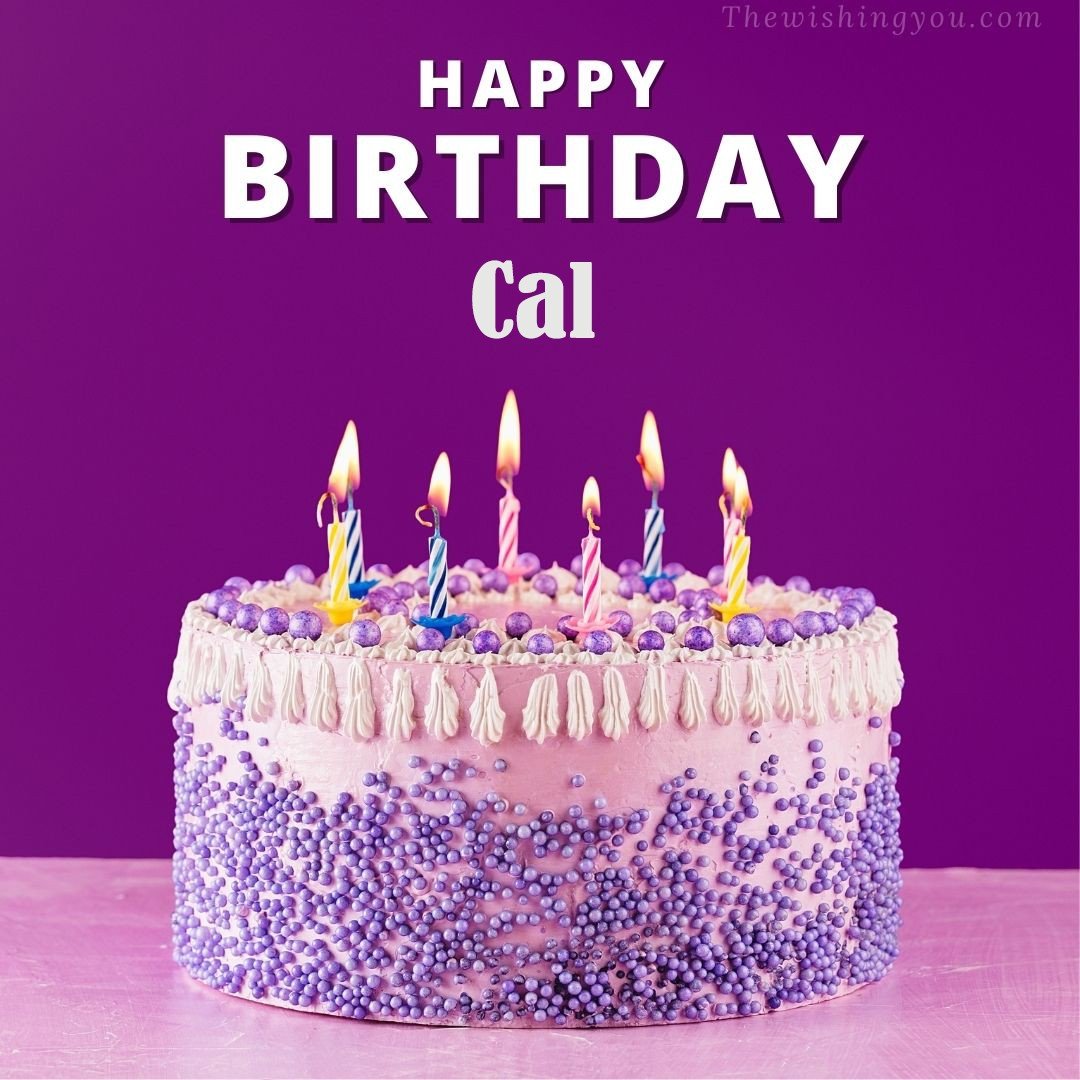 Happy birthday Cal written on image White and blue cake and burning candles Violet background