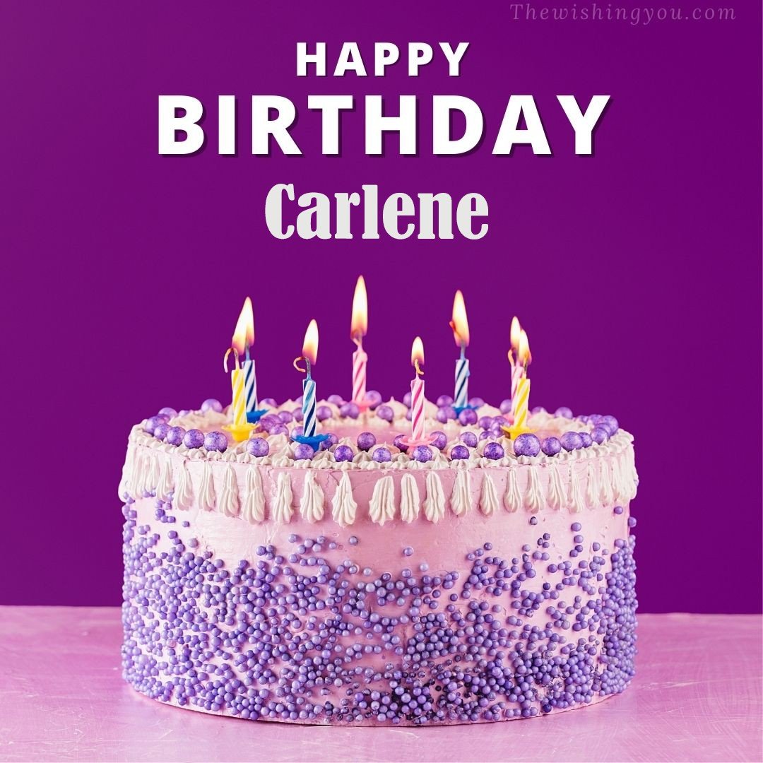 Happy birthday Carlene written on image White and blue cake and burning candles Violet background