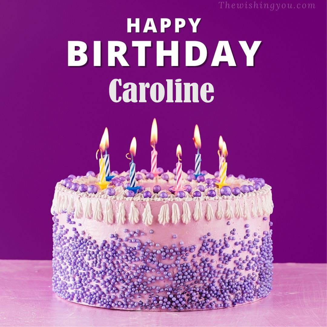 Happy birthday Caroline written on image White and blue cake and burning candles Violet background