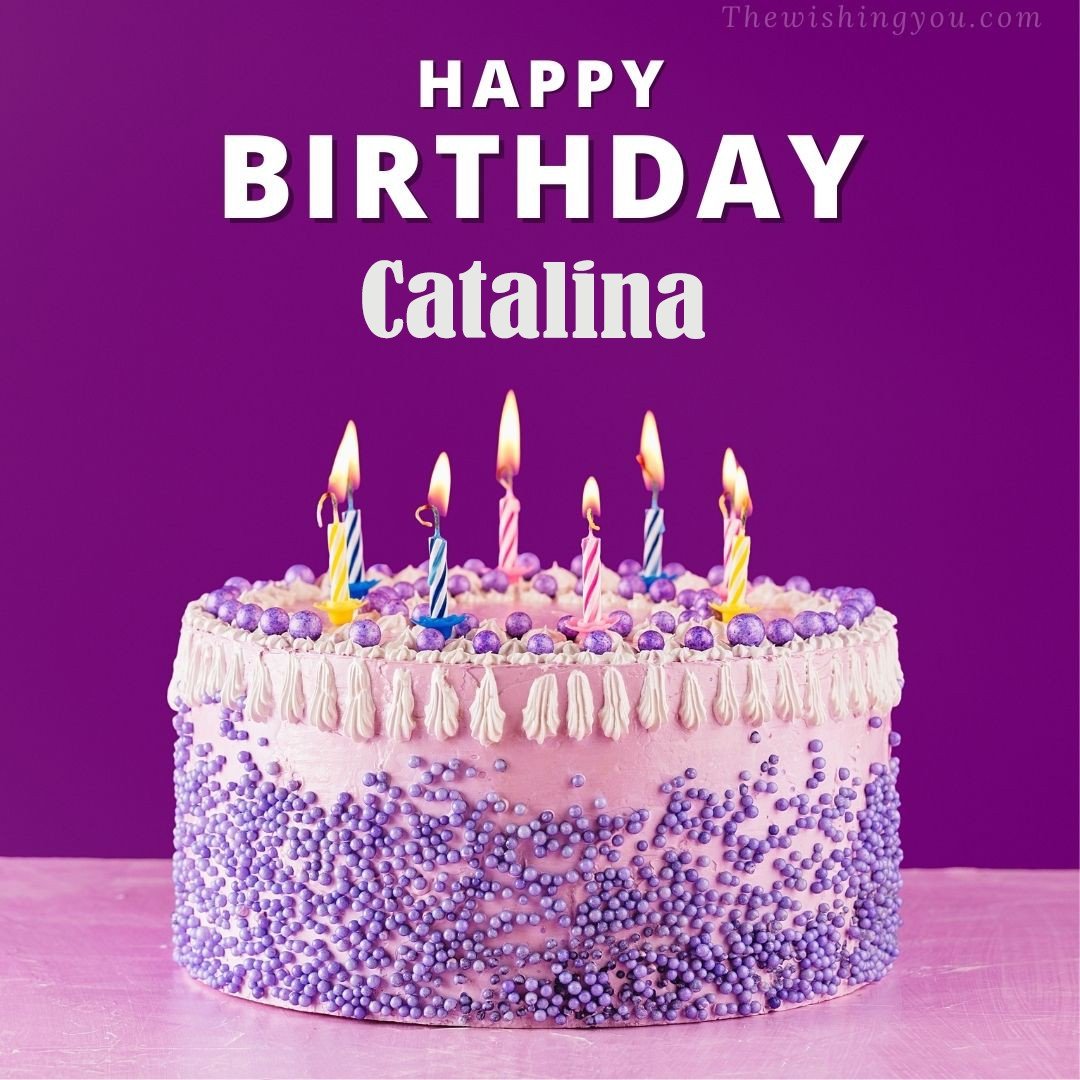 Happy birthday Catalina written on image White and blue cake and burning candles Violet background