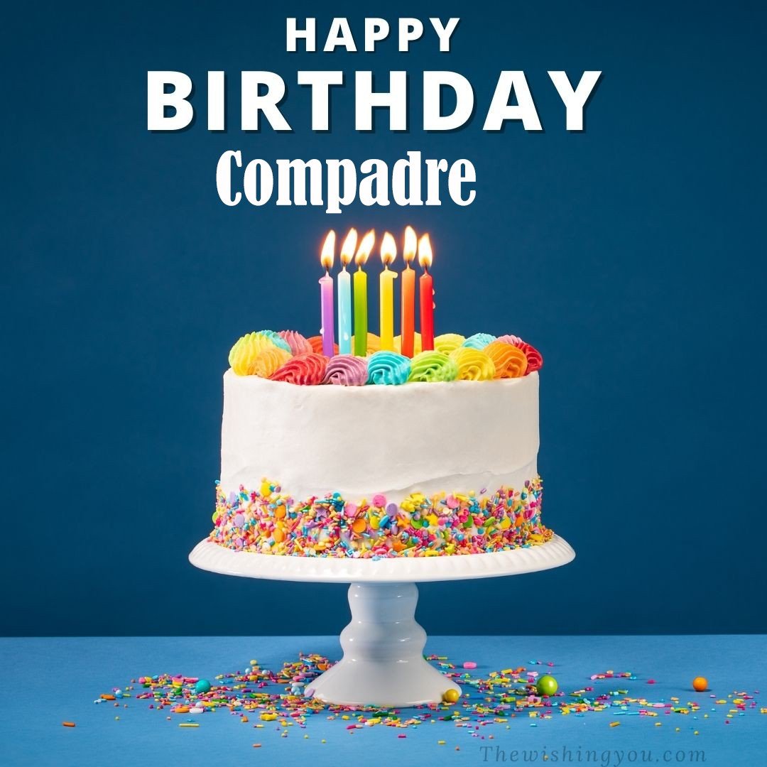 Happy birthday Compadre written on image White cake keep on White stand and burning candles Sky background