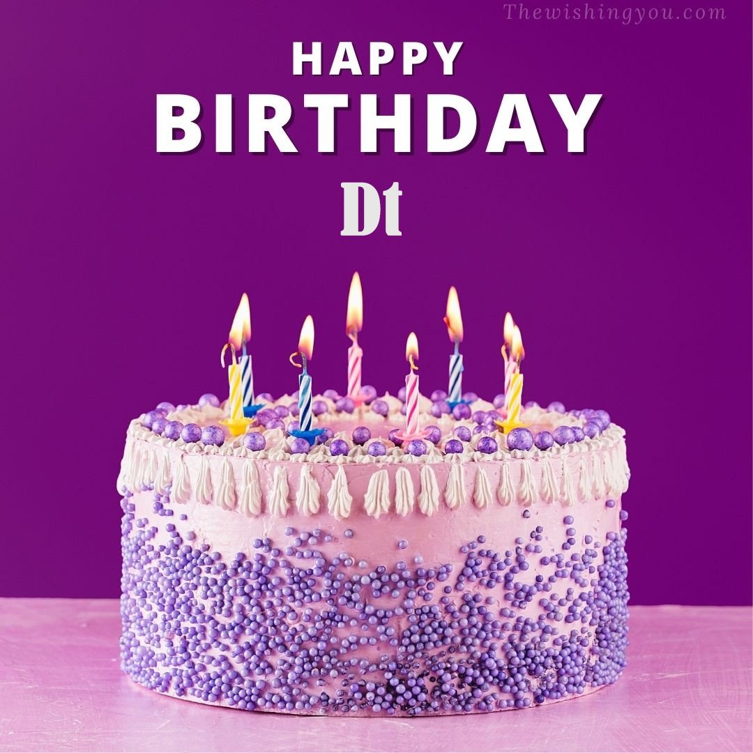 Happy birthday Dt written on image White and blue cake and burning candles Violet background