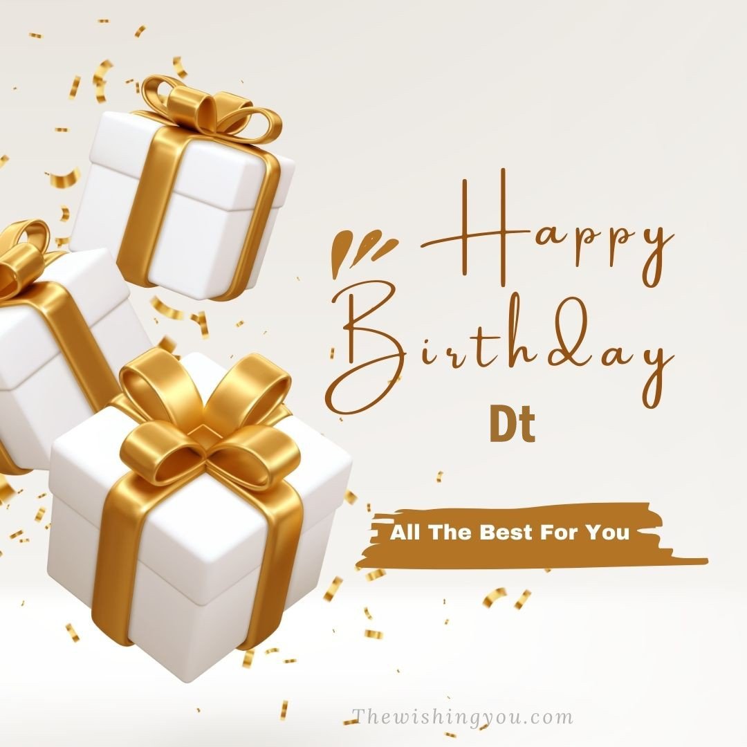 Happy birthday Dt written on image White gift boxes with Yellow ribon with white background