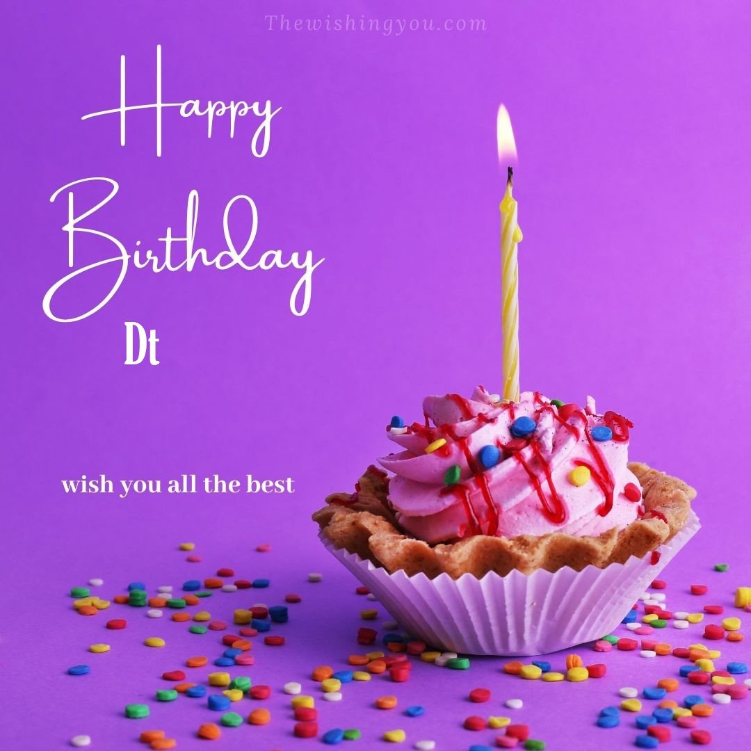Happy birthday Dt written on image cup cake burning candle Purple background