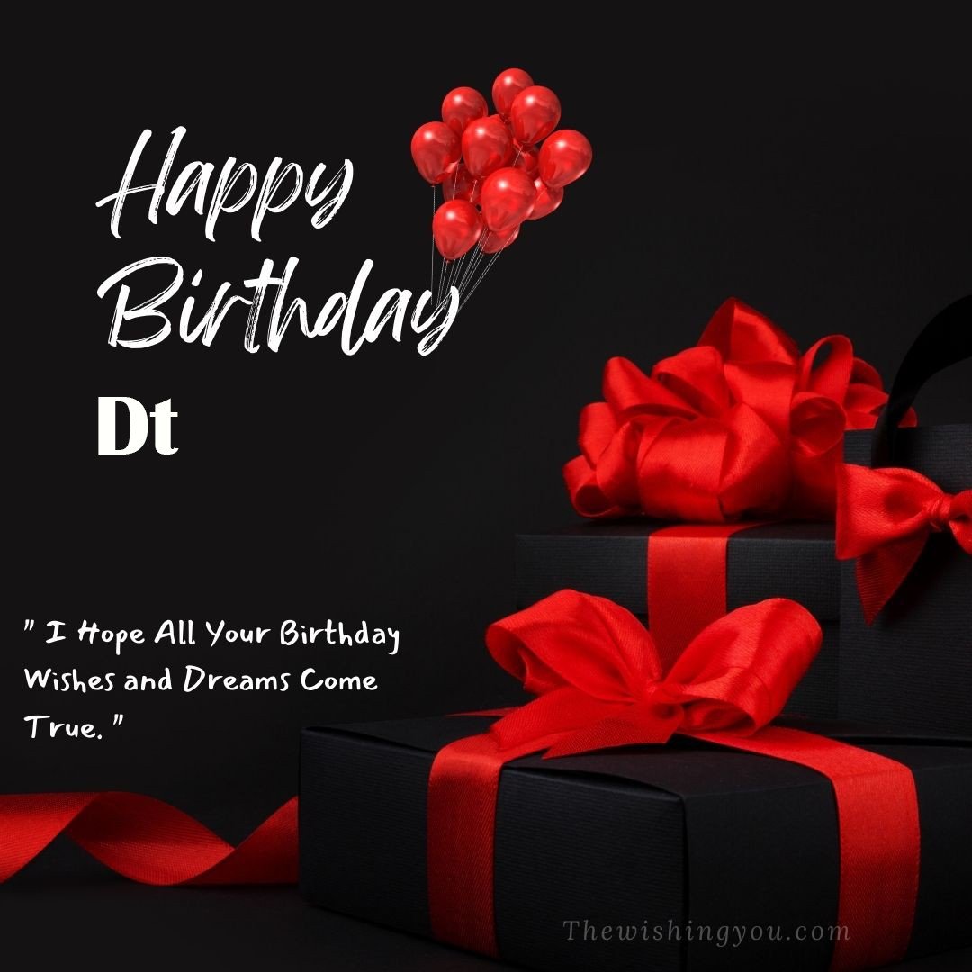 Happy birthday Dt written on image red ballons and gift box with red ribbon Dark Black background