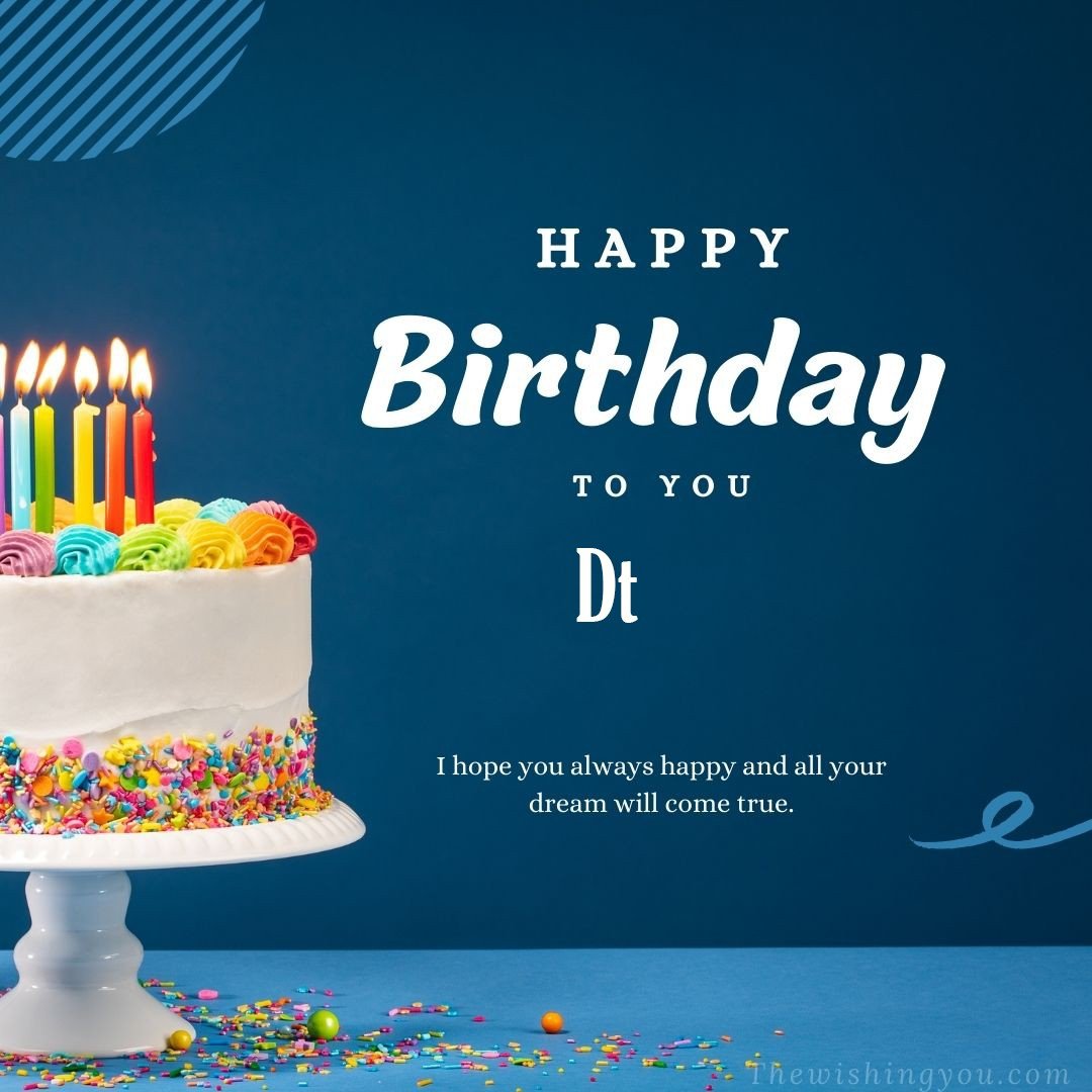 Happy birthday Dt written on image white cake and burning candle Blue Background