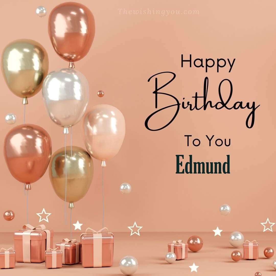 Happy birthday Edmund written on image Light Yello and white and pink Balloons with many gift box Pink Background