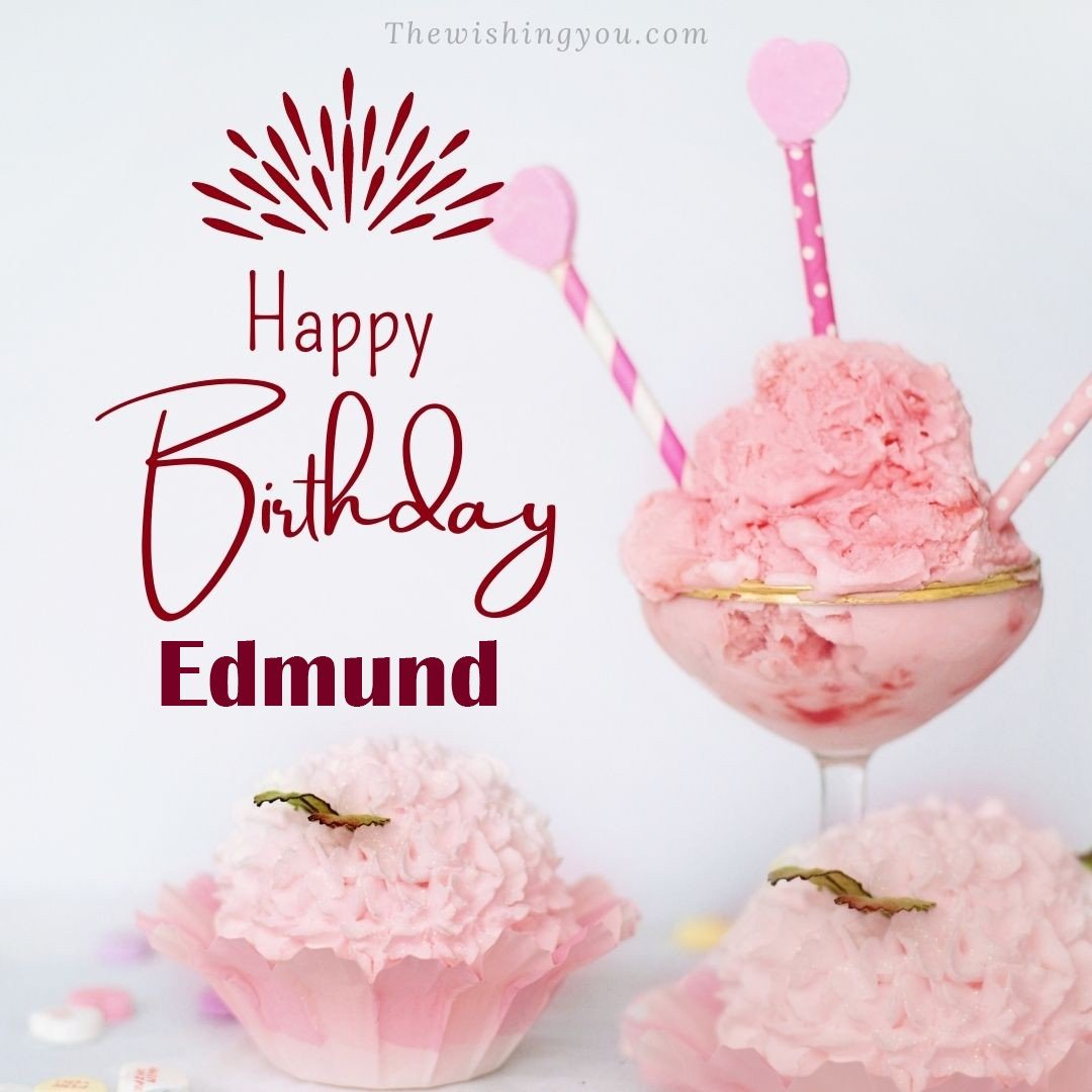 Happy birthday Edmund written on image pink cup cake and Light White background