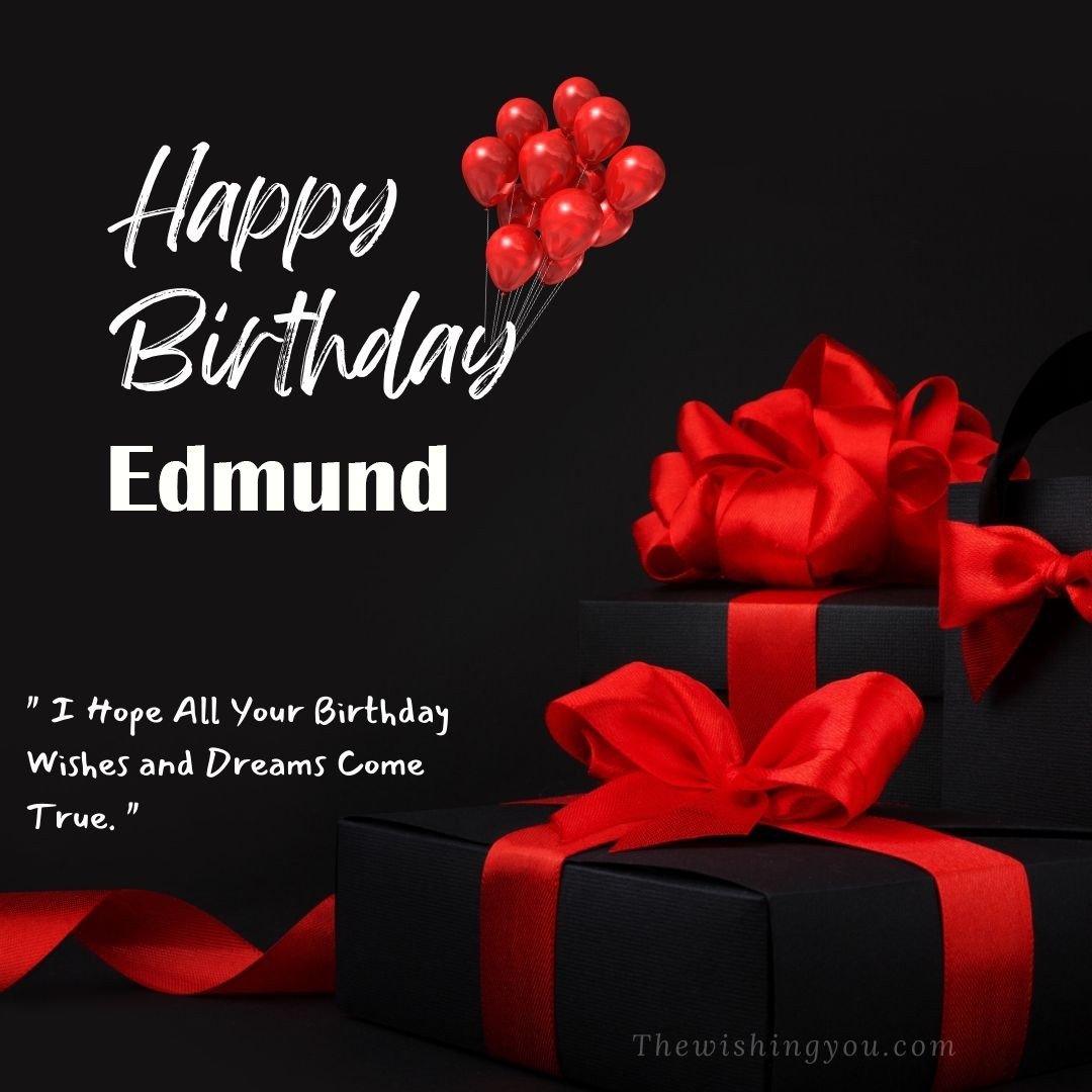 Happy birthday Edmund written on image red ballons and gift box with red ribbon Dark Black background