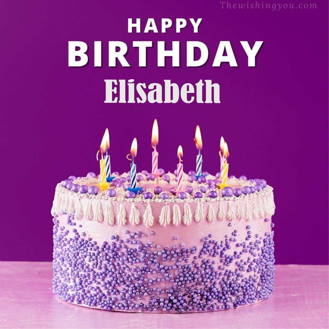 Happy birthday Elisabeth written on image White and blue cake and burning candles Violet background