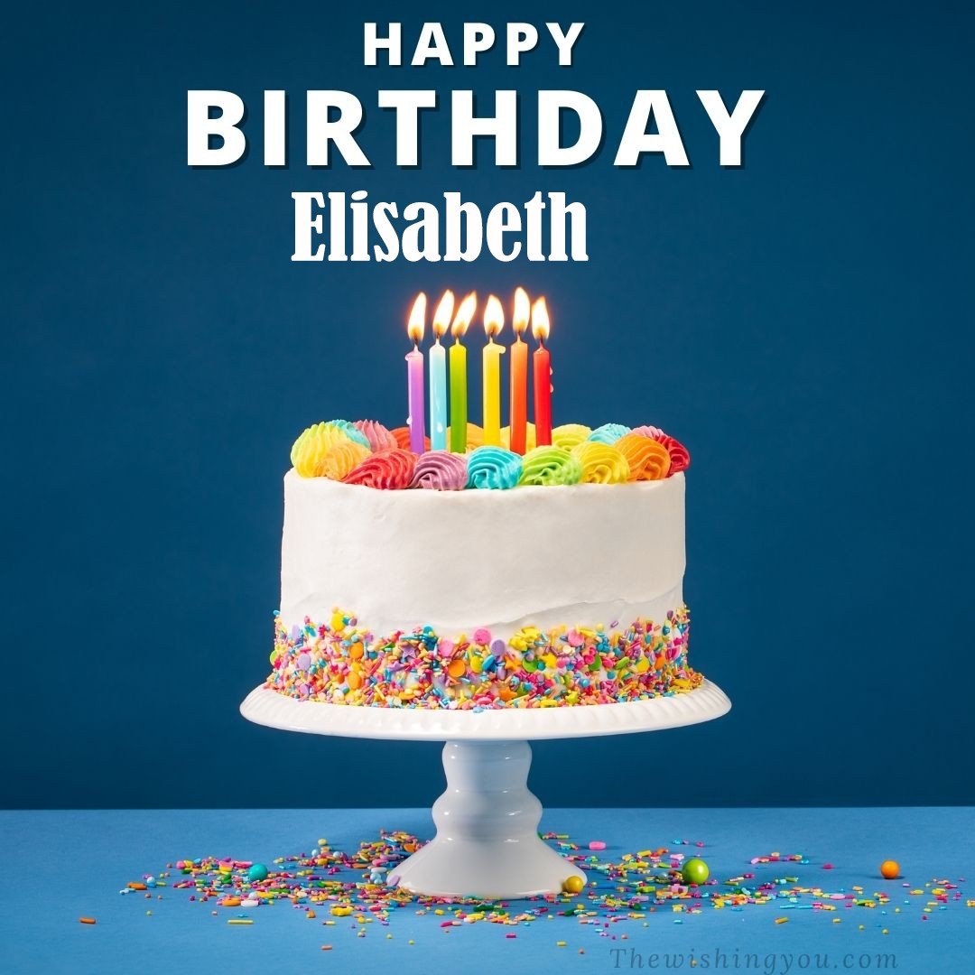 Happy birthday Elisabeth written on image White cake keep on White stand and burning candles Sky background