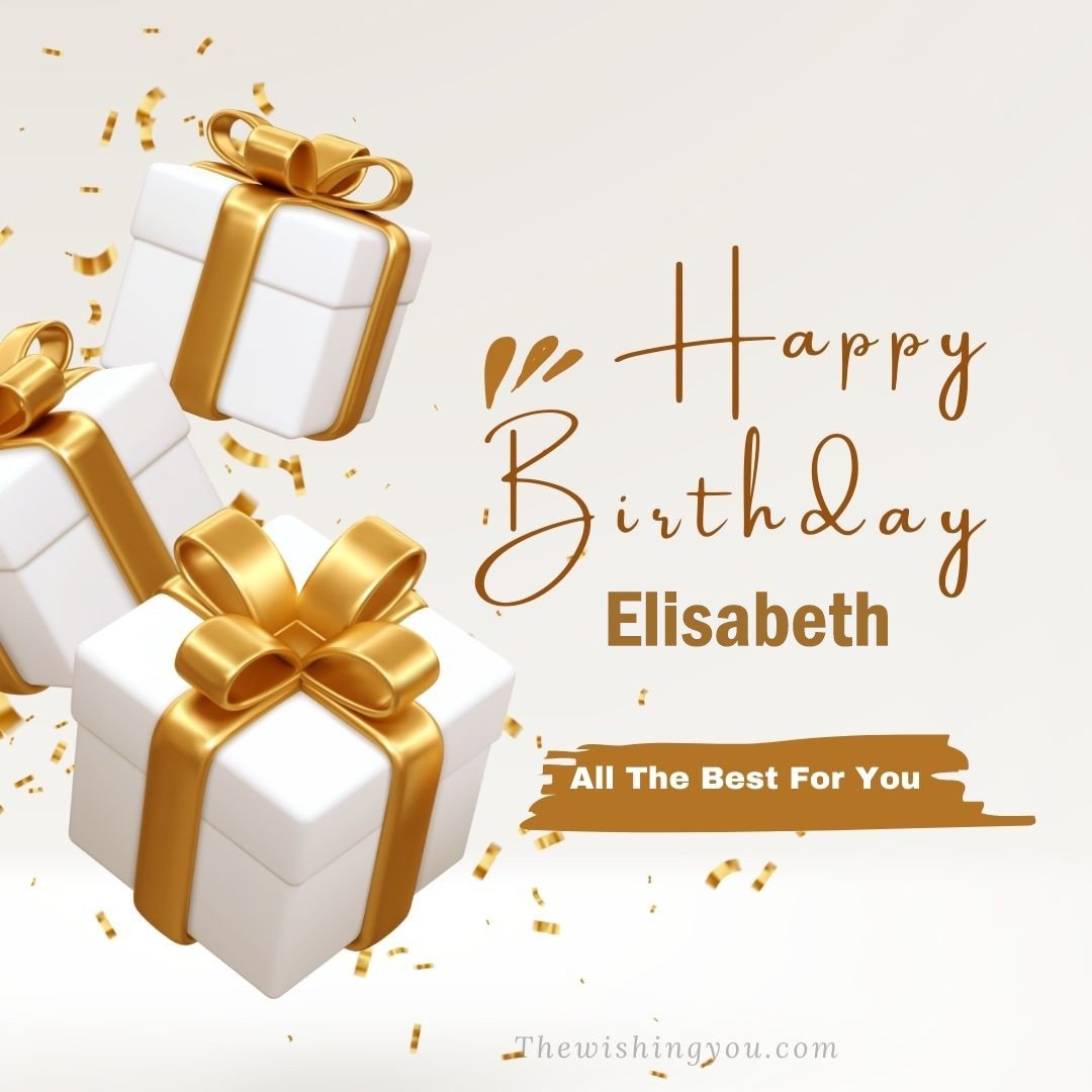 Happy birthday Elisabeth written on image White gift boxes with Yellow ribon with white background