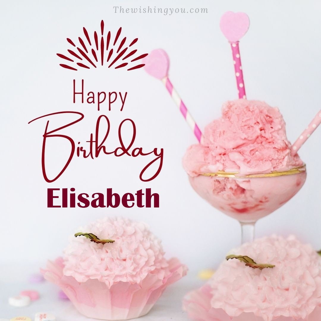 Happy birthday Elisabeth written on image pink cup cake and Light White background