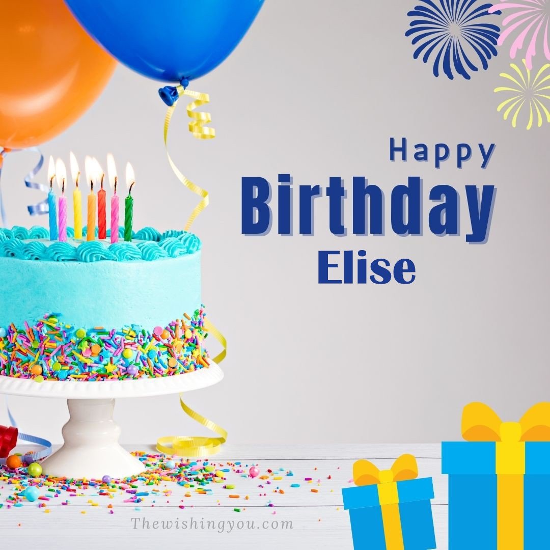 Happy birthday Elise written on image White cake keep on White stand and blue gift boxes with Yellow ribon with Sky background