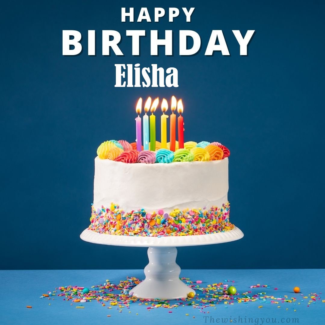Happy birthday Elisha written on image White cake keep on White stand and burning candles Sky background