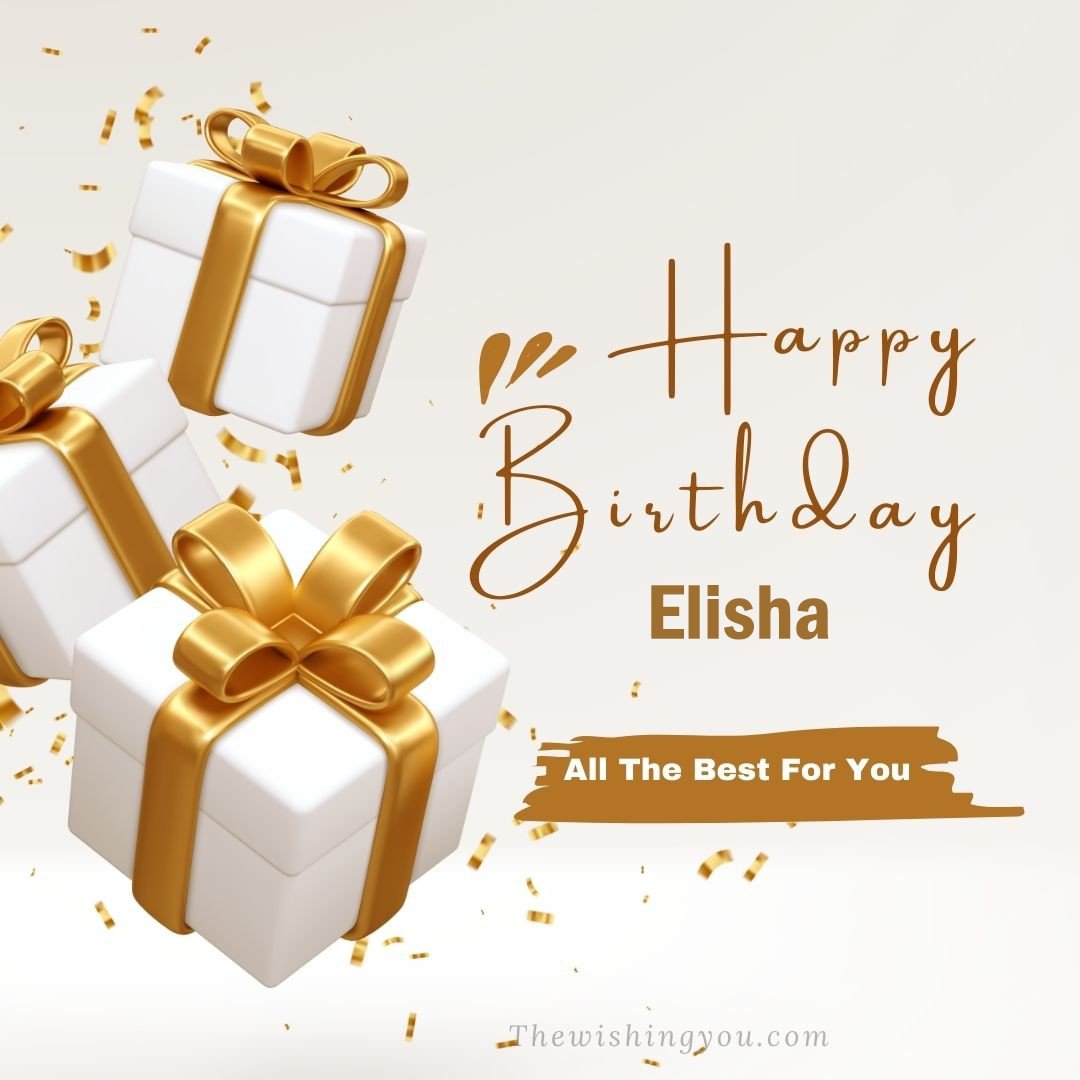 Happy birthday Elisha written on image White gift boxes with Yellow ribon with white background