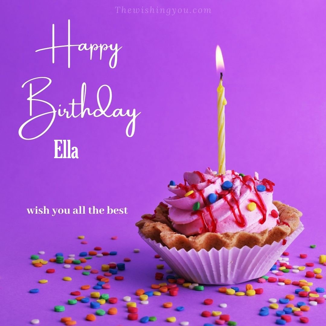 Happy birthday Ella written on image cup cake burning candle Purple background