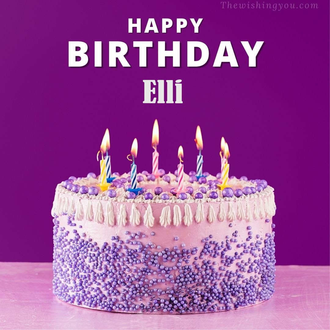 Happy birthday Elli written on image White and blue cake and burning candles Violet background