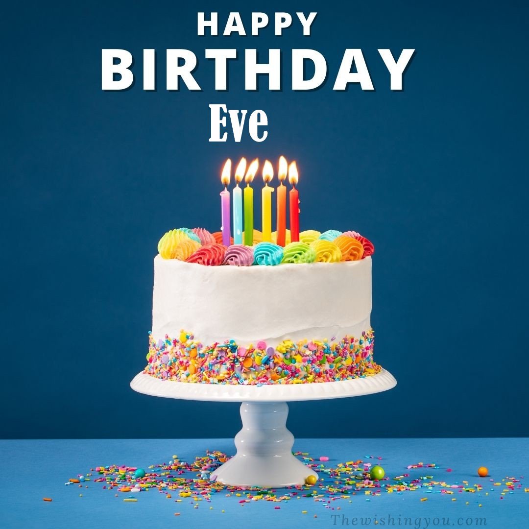 Happy birthday Eve written on image White cake keep on White stand and burning candles Sky background