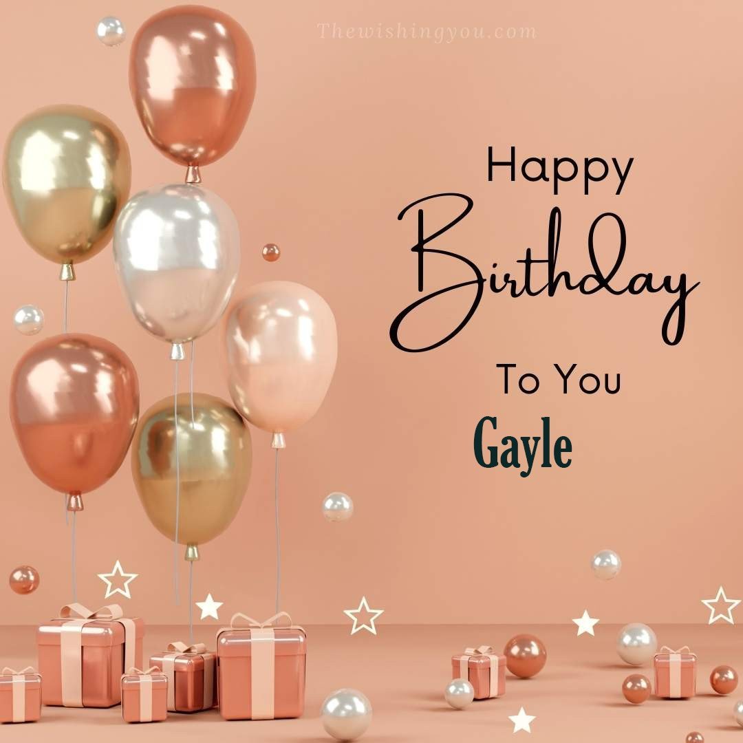 Happy birthday Gayle written on image Light Yello and white and pink Balloons with many gift box Pink Background