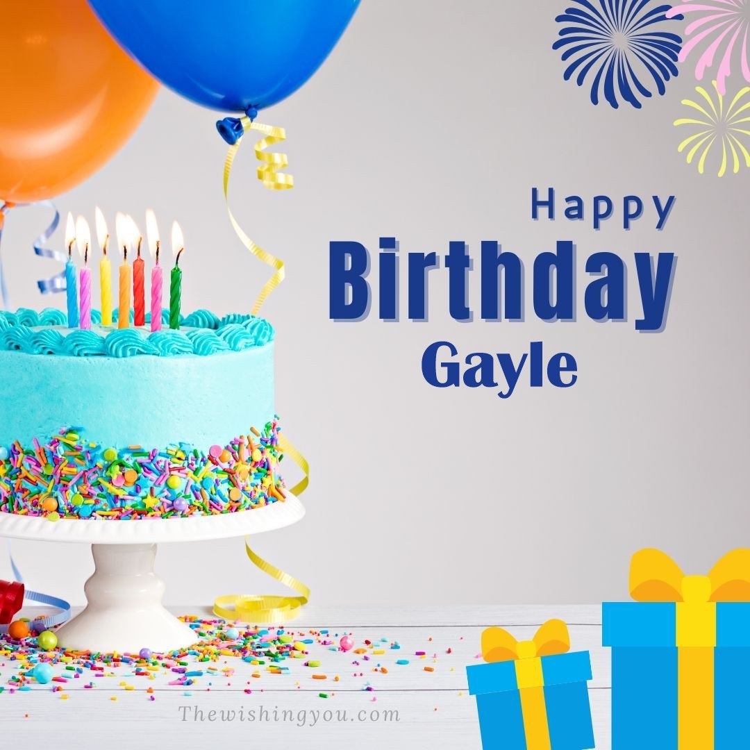 Happy birthday Gayle written on image White cake keep on White stand and blue gift boxes with Yellow ribon with Sky background