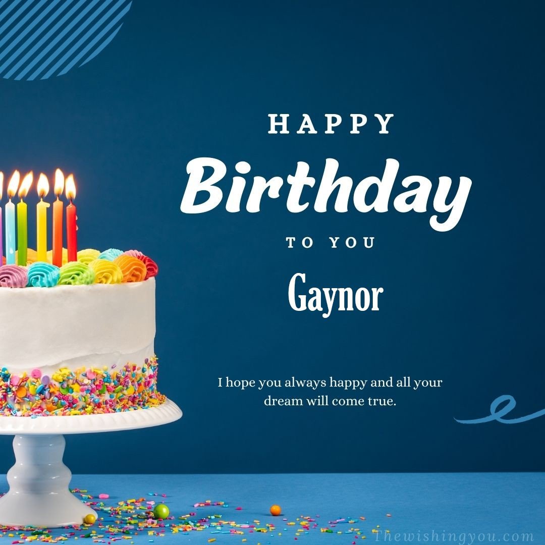 Happy birthday Gaynor written on image white cake and burning candle Blue Background